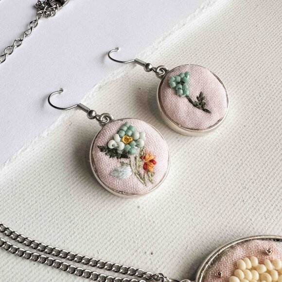 Handmade Pink and Blue Embroidered Floral Drop Earrings - Picture 4 of 13